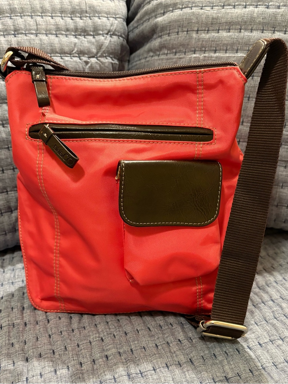 Nine & Co. Pink Red Crossbody with Brown Trim